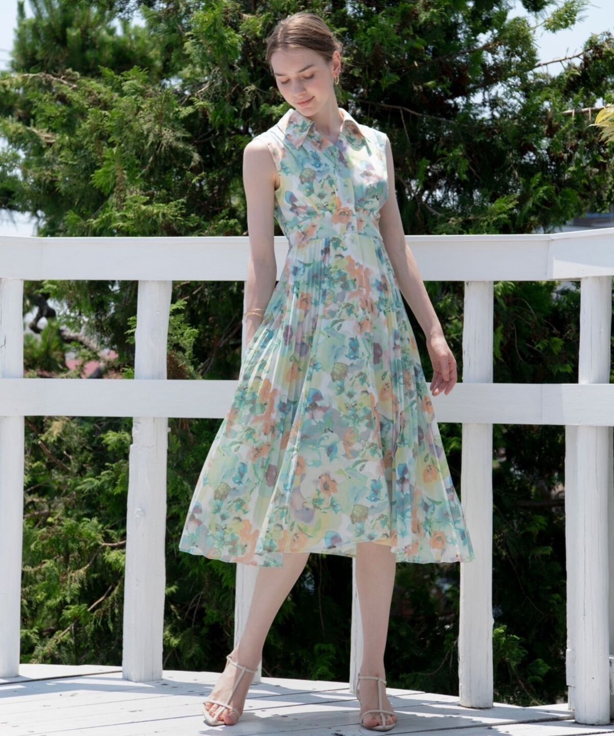 アンドクチュール「シアープリントサイドプリーツワンピース」|ワンピース|