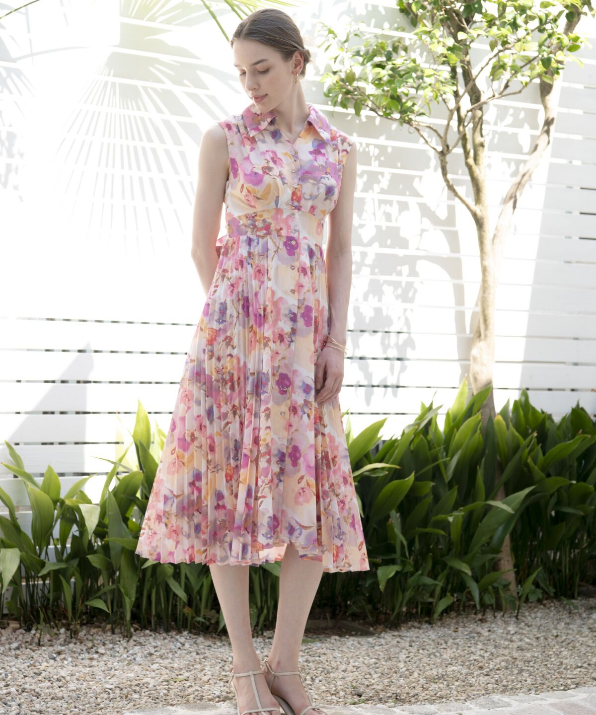 アンドクチュール「シアープリントサイドプリーツワンピース」|ワンピース|