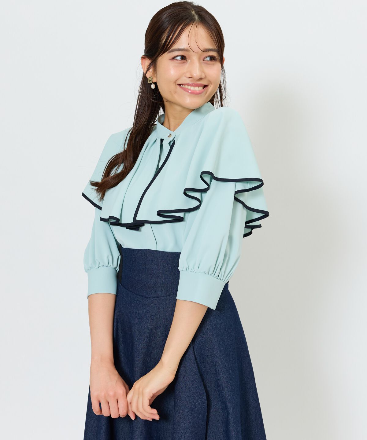 アンドクチュール「パイピングケープブラウス」|シャツ・ブラウス|ミント
