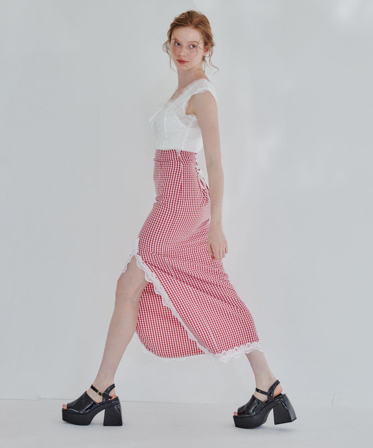 REDYAZEL「ギンガムチェックレーストリミングスカート」|タイト|