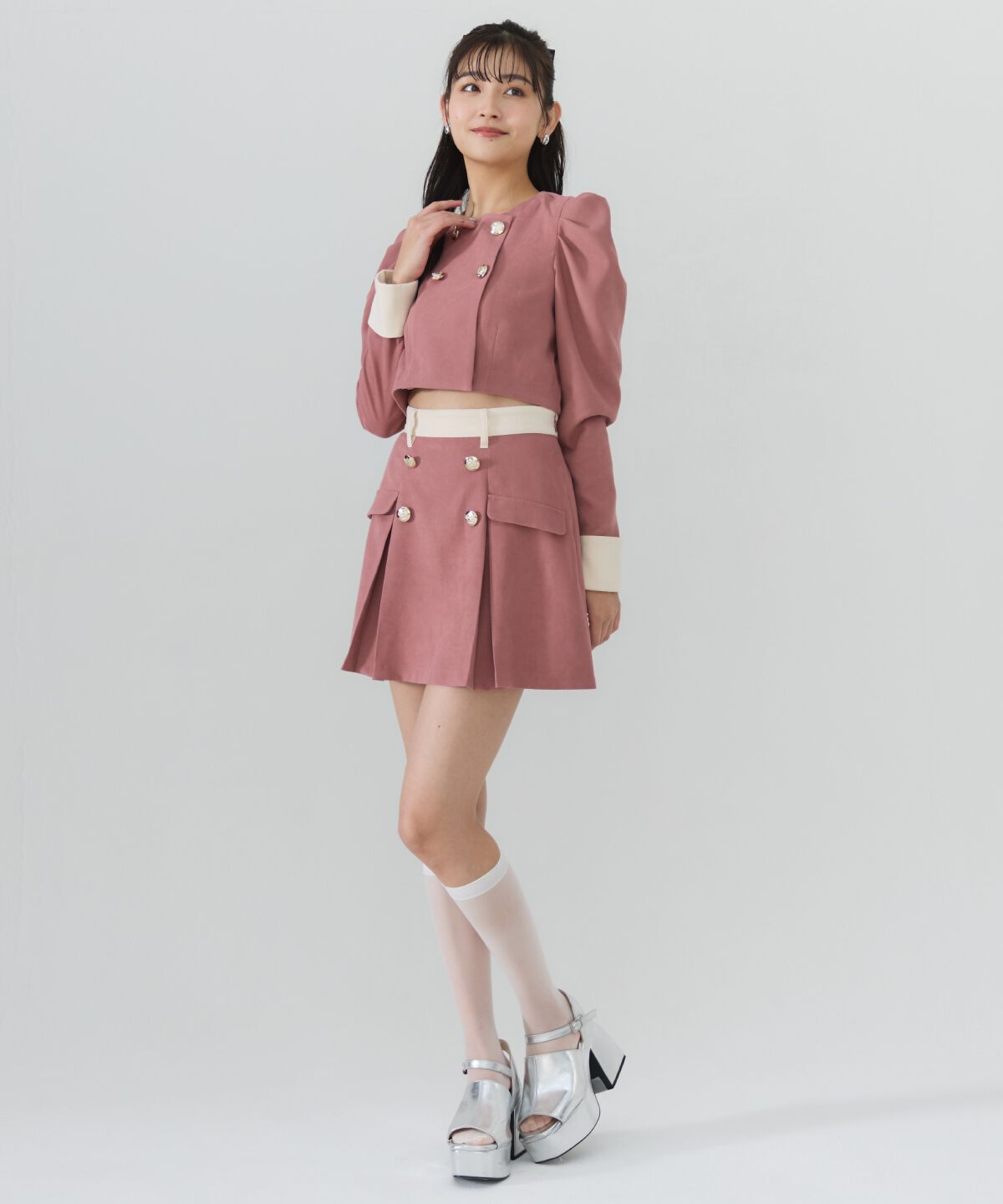 REDYAZEL「ダブルボタンバイカラージャケット」|ノーカラージャケット|