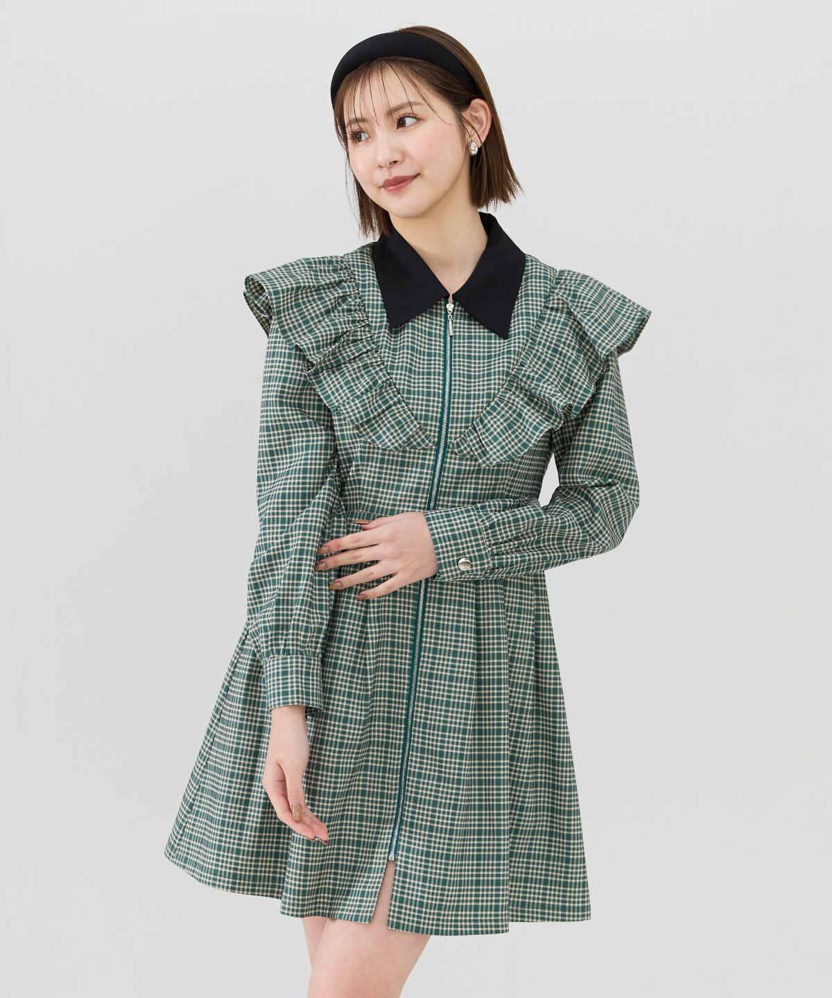 REDYAZEL「チェックフロントジップフリルミニシャツワンピース」|ワンピース|ｸﾞﾘｰﾝ系ﾁｪｯｸ