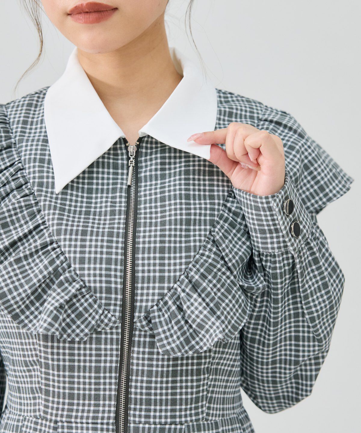 REDYAZEL「チェックフロントジップフリルミニシャツワンピース」|ワンピース|