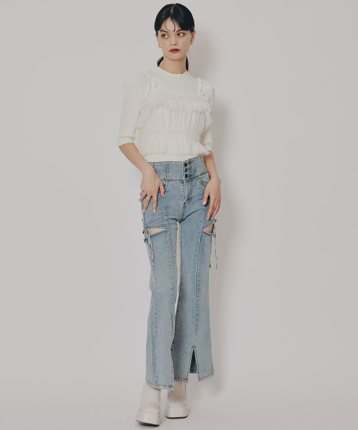REDYAZEL「カットアウトリボンストレッチデニム」|デニム|