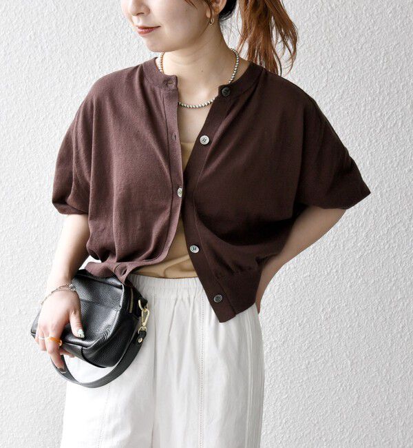 SHIPS any「SHIPS any:〈手洗い可能〉リネン ミックス ワイド パフ クルーネック シアー カーディガン」|カーディガン|