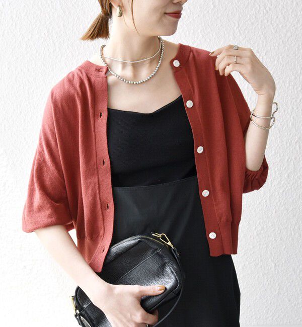 SHIPS any「SHIPS any:〈手洗い可能〉リネン ミックス ワイド パフ クルーネック シアー カーディガン」|カーディガン|