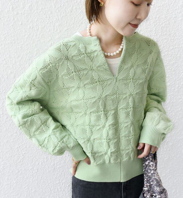 SHIPS for women「【WEB限定】〈洗濯機可能〉2WAY フラワー ジャカード ハーフ ジップ プルオーバー」|ニット・セーター|ライトグリーン