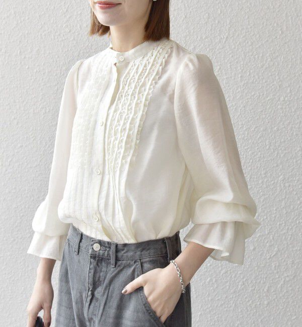 SHIPS any「SHIPS any:〈手洗い可能〉シアー フリル バンドカラー シャツ ブラウス」|シャツ・ブラウス|