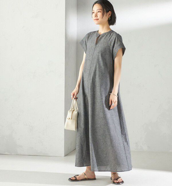 SHIPS for women「〈接触冷感・手洗い可能〉麻混 シャンブレー フレア ワンピース」|ワンピース|ダークグレー