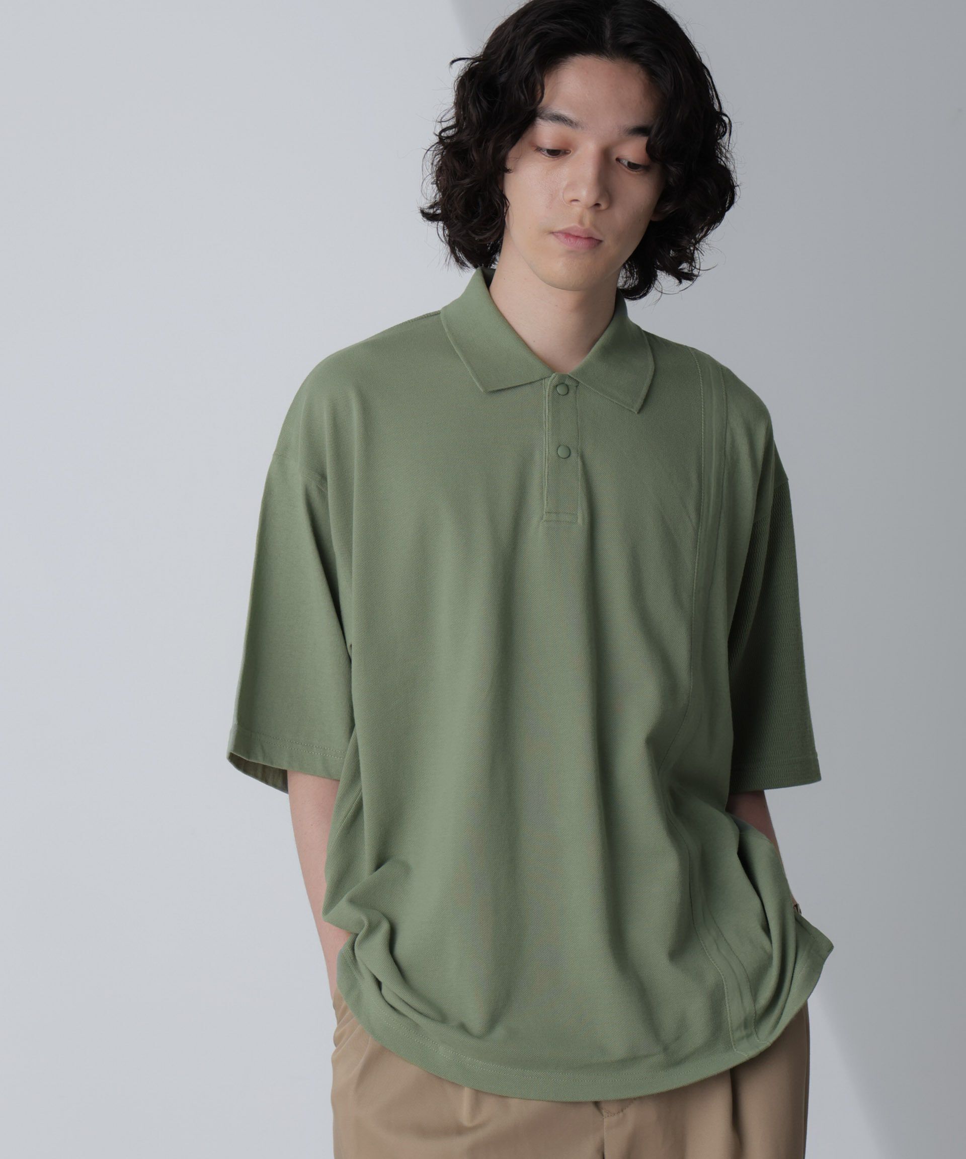 nano･universe「切り替えビッグポロシャツ 半袖」|Tシャツ・カットソー|グリーン