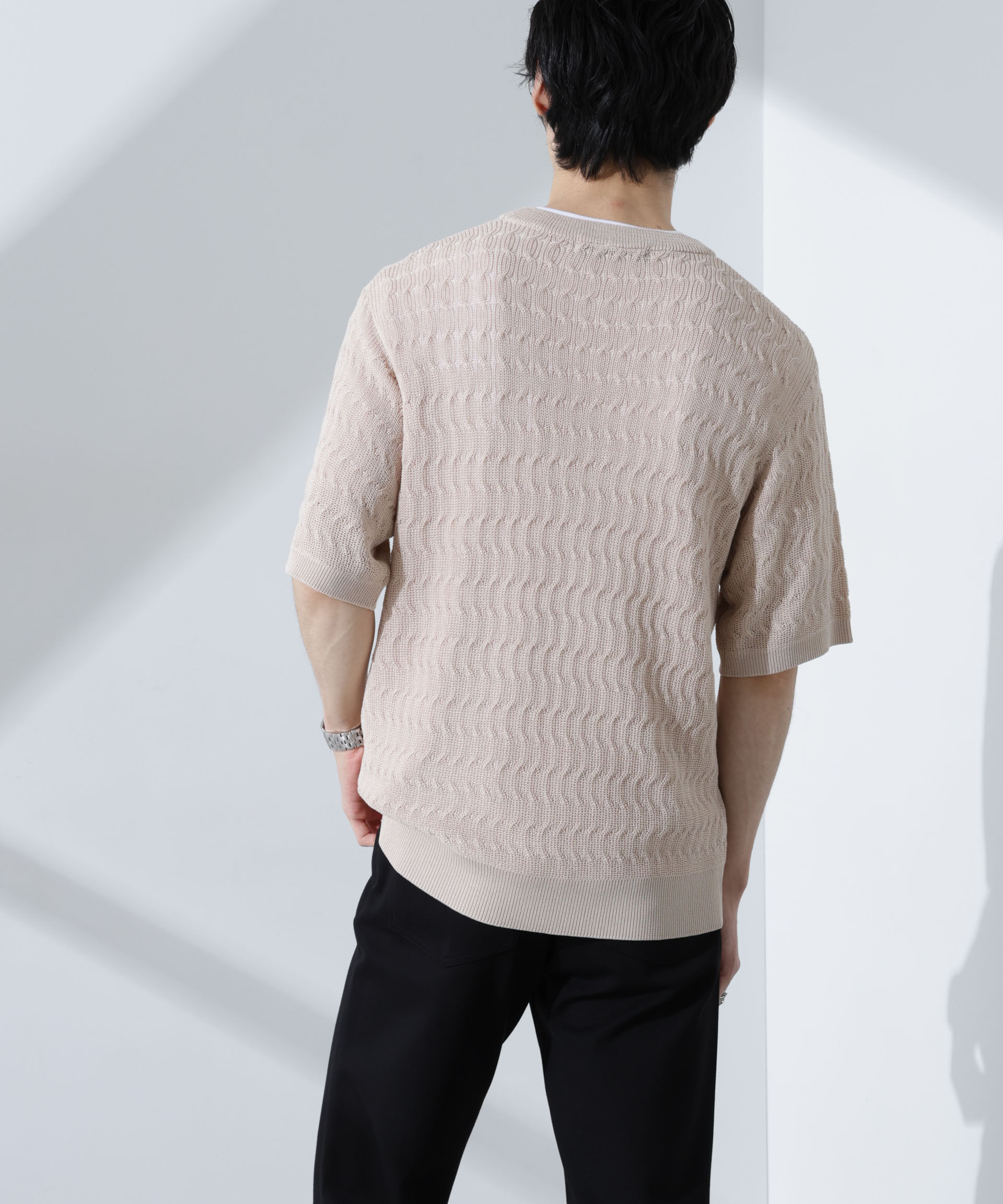 nano･universe「柄編みクルーネックニット 半袖」|ニット・セーター|