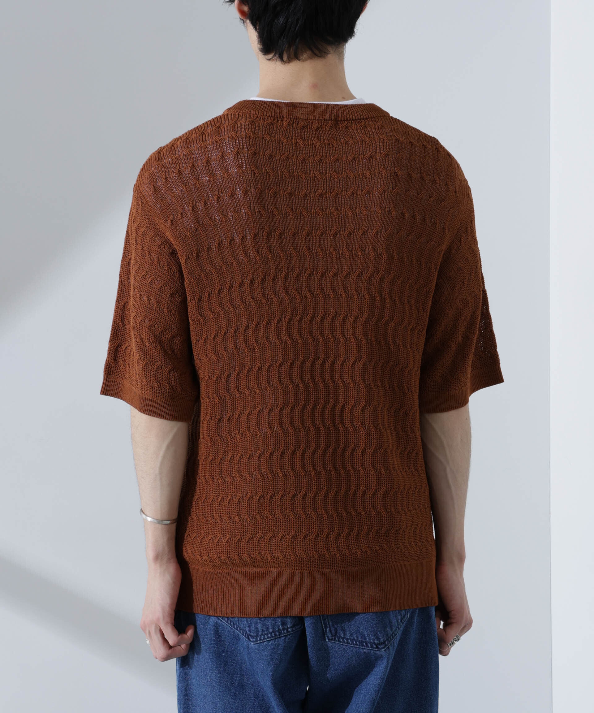 nano･universe「柄編みクルーネックニット 半袖」|ニット・セーター|