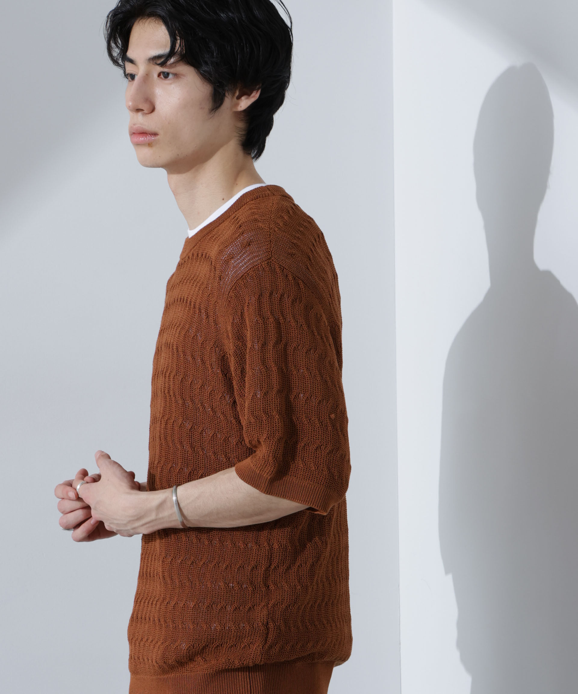 nano･universe「柄編みクルーネックニット 半袖」|ニット・セーター|