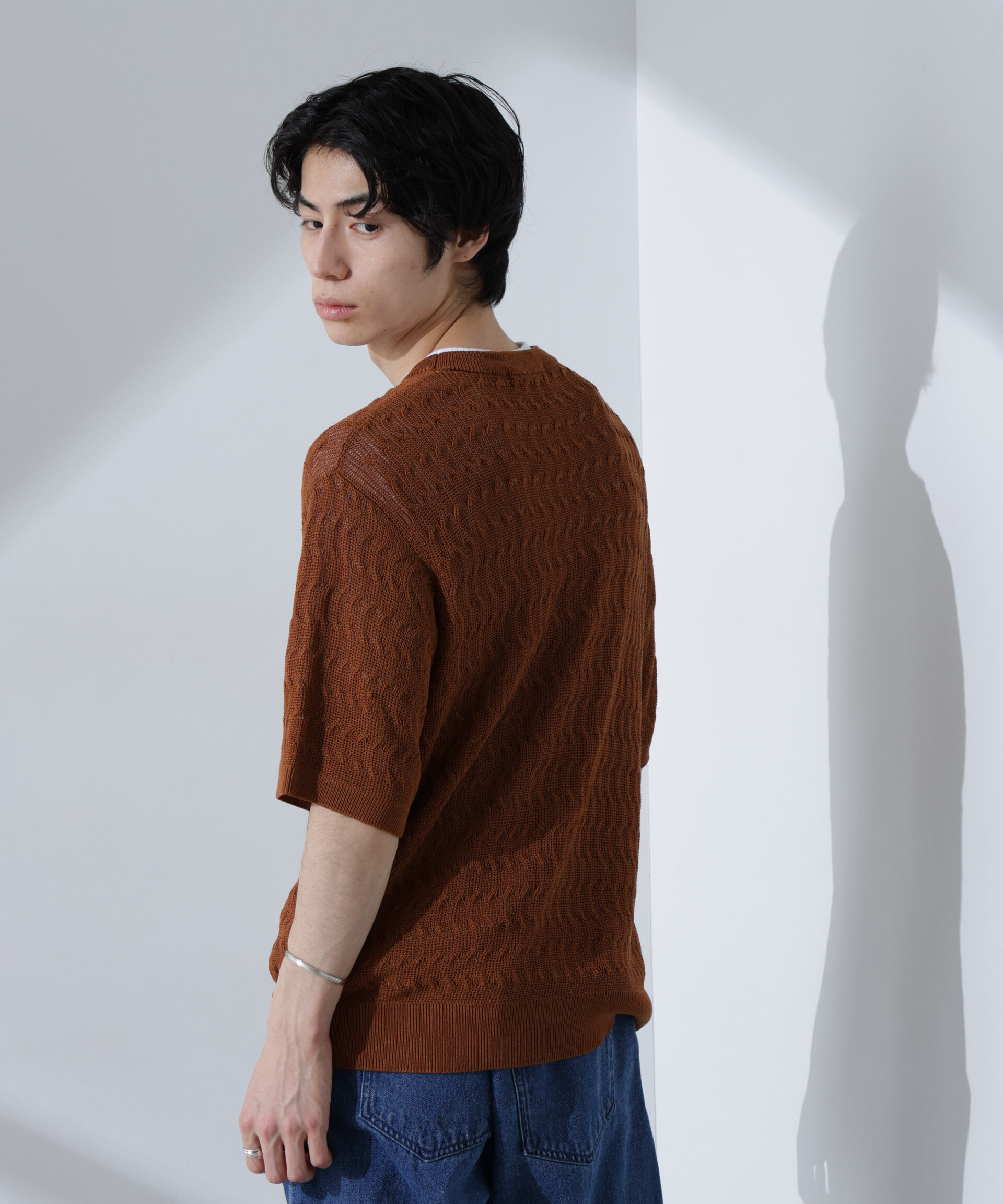 nano･universe「柄編みクルーネックニット 半袖」|ニット・セーター|