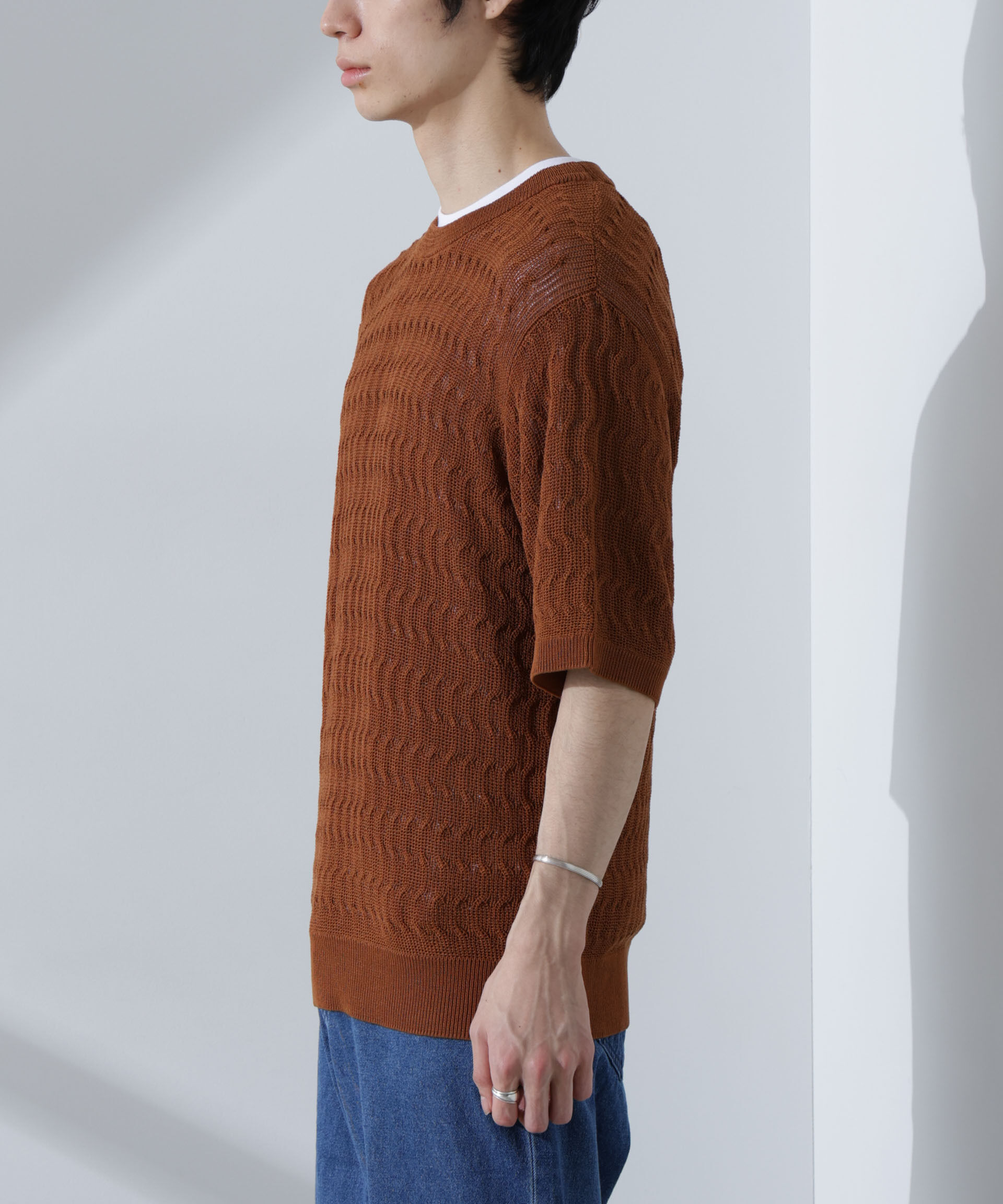 nano･universe「柄編みクルーネックニット 半袖」|ニット・セーター|