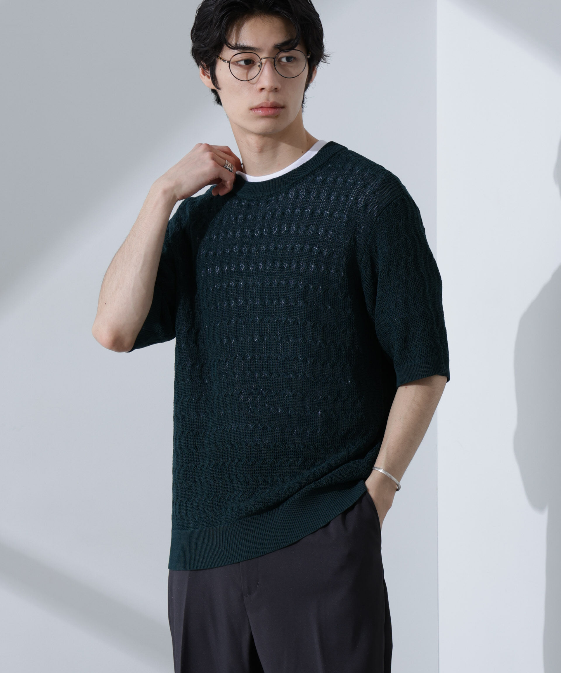 nano･universe「柄編みクルーネックニット 半袖」|ニット・セーター|