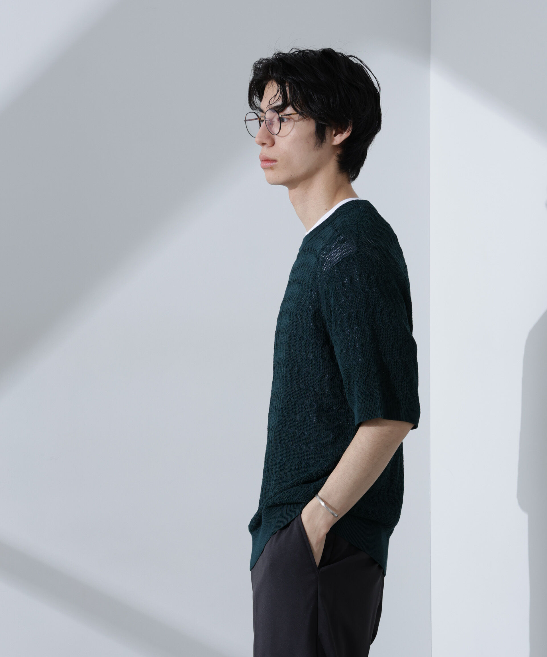 nano･universe「柄編みクルーネックニット 半袖」|ニット・セーター|