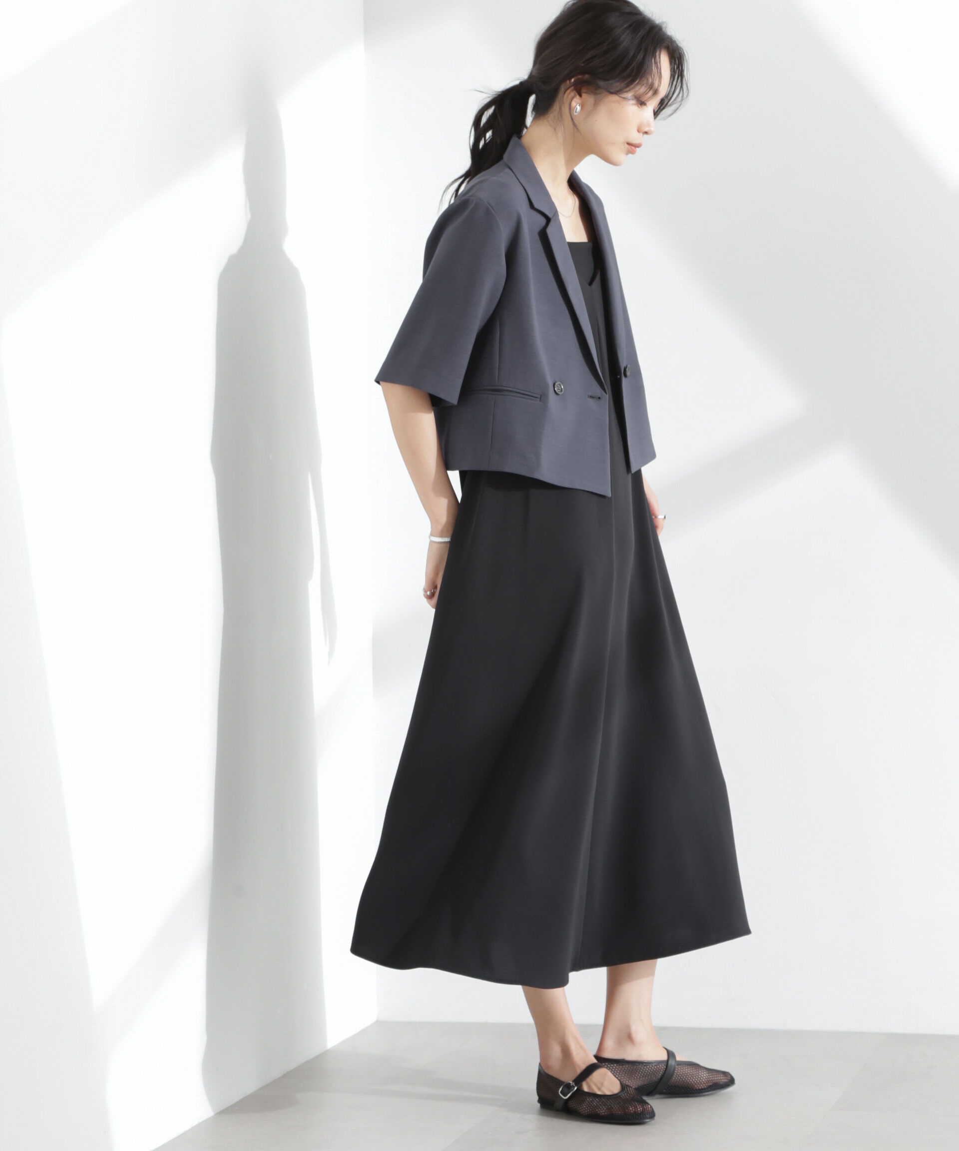 nano･universe「メランジドライ 半袖ショートダブルジャケット(セットアップ可)」|テーラードジャケット|