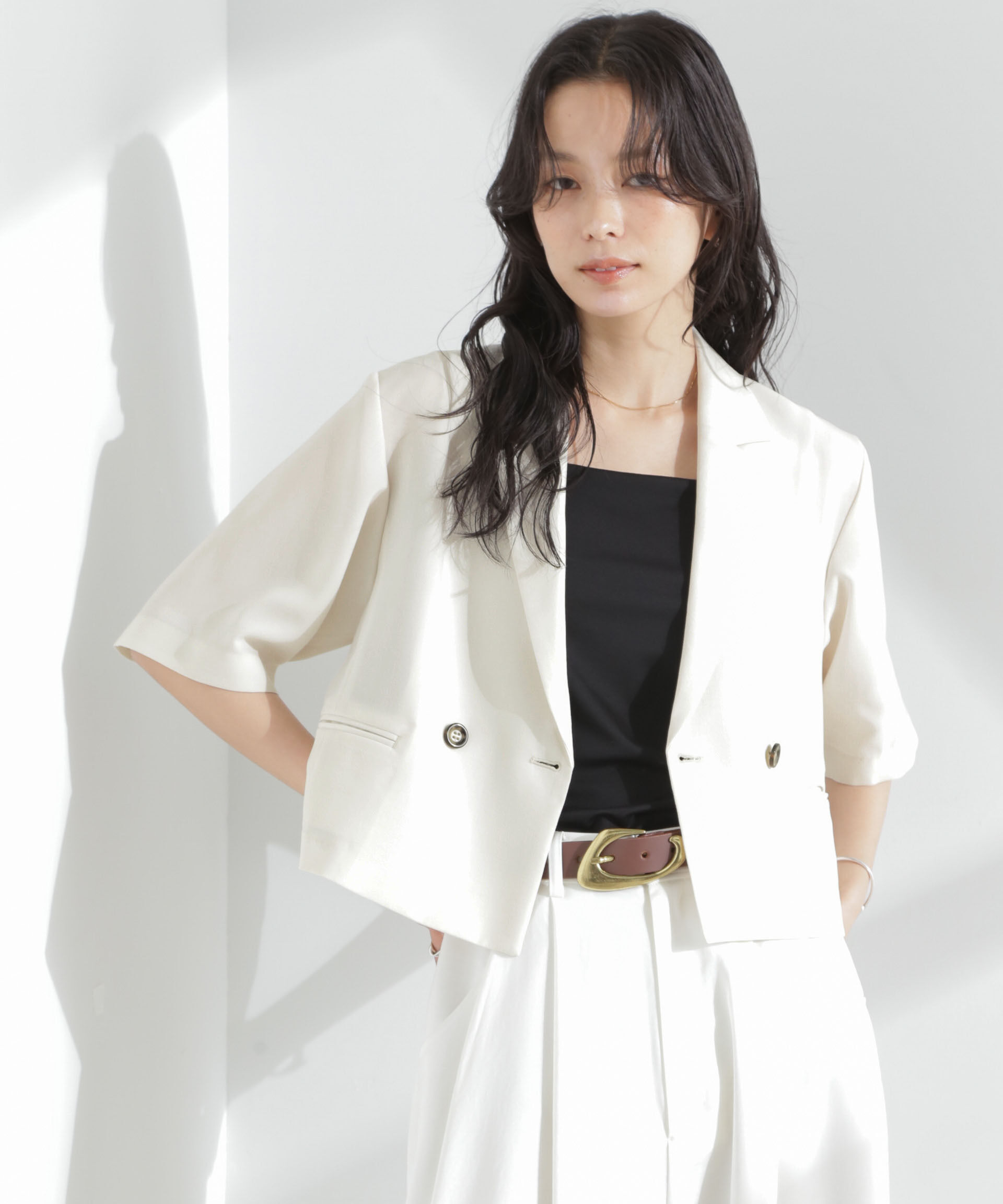 nano･universe「メランジドライ 半袖ショートダブルジャケット(セットアップ可)」|テーラードジャケット|アイボリー7