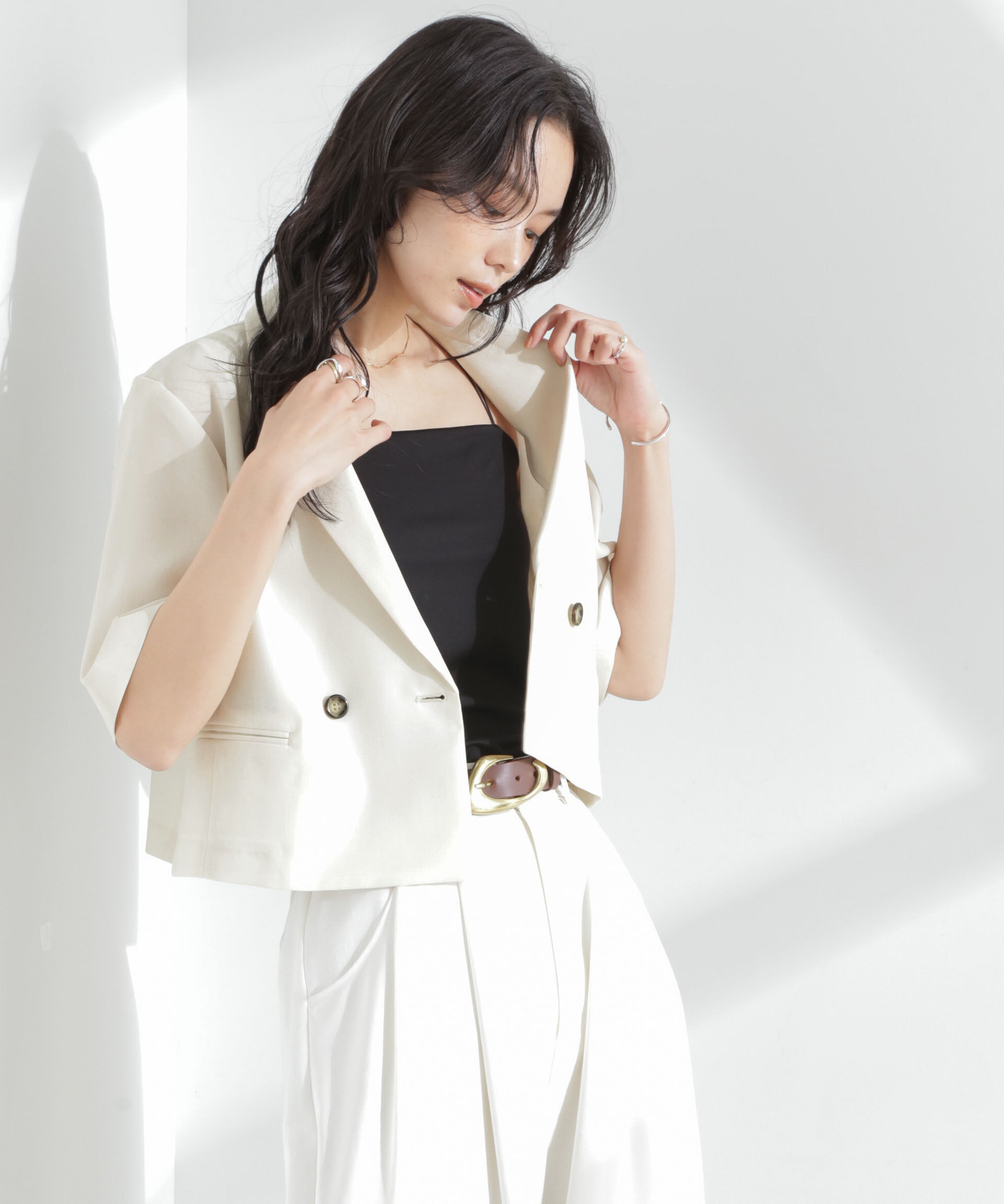 nano･universe「メランジドライ 半袖ショートダブルジャケット(セットアップ可)」|テーラードジャケット|