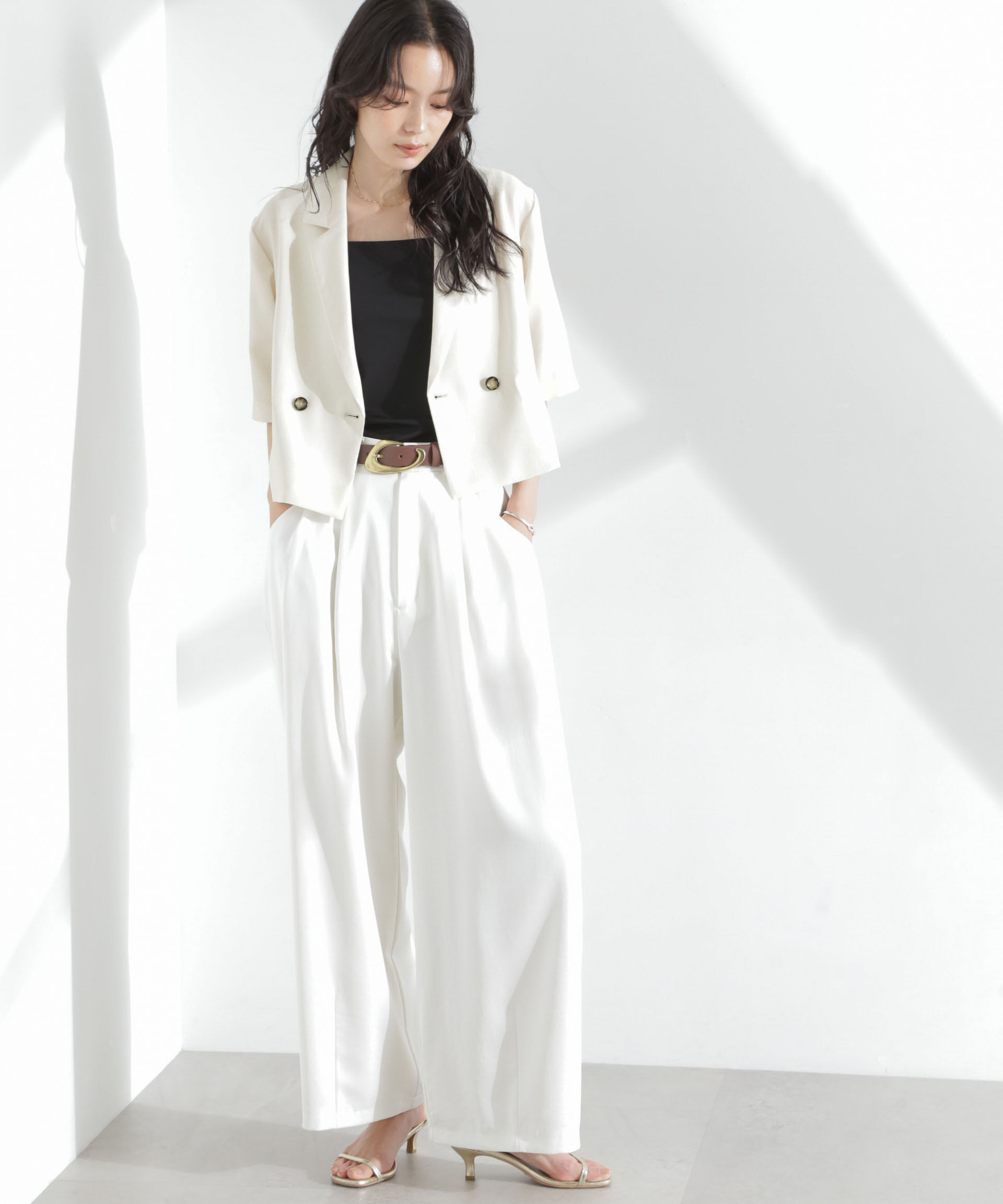 nano･universe「メランジドライ 半袖ショートダブルジャケット(セットアップ可)」|テーラードジャケット|