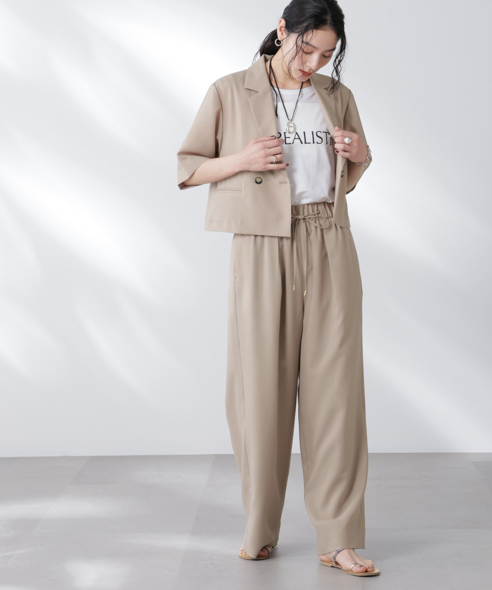 nano･universe「メランジドライ 半袖ショートダブルジャケット(セットアップ可)」|テーラードジャケット|