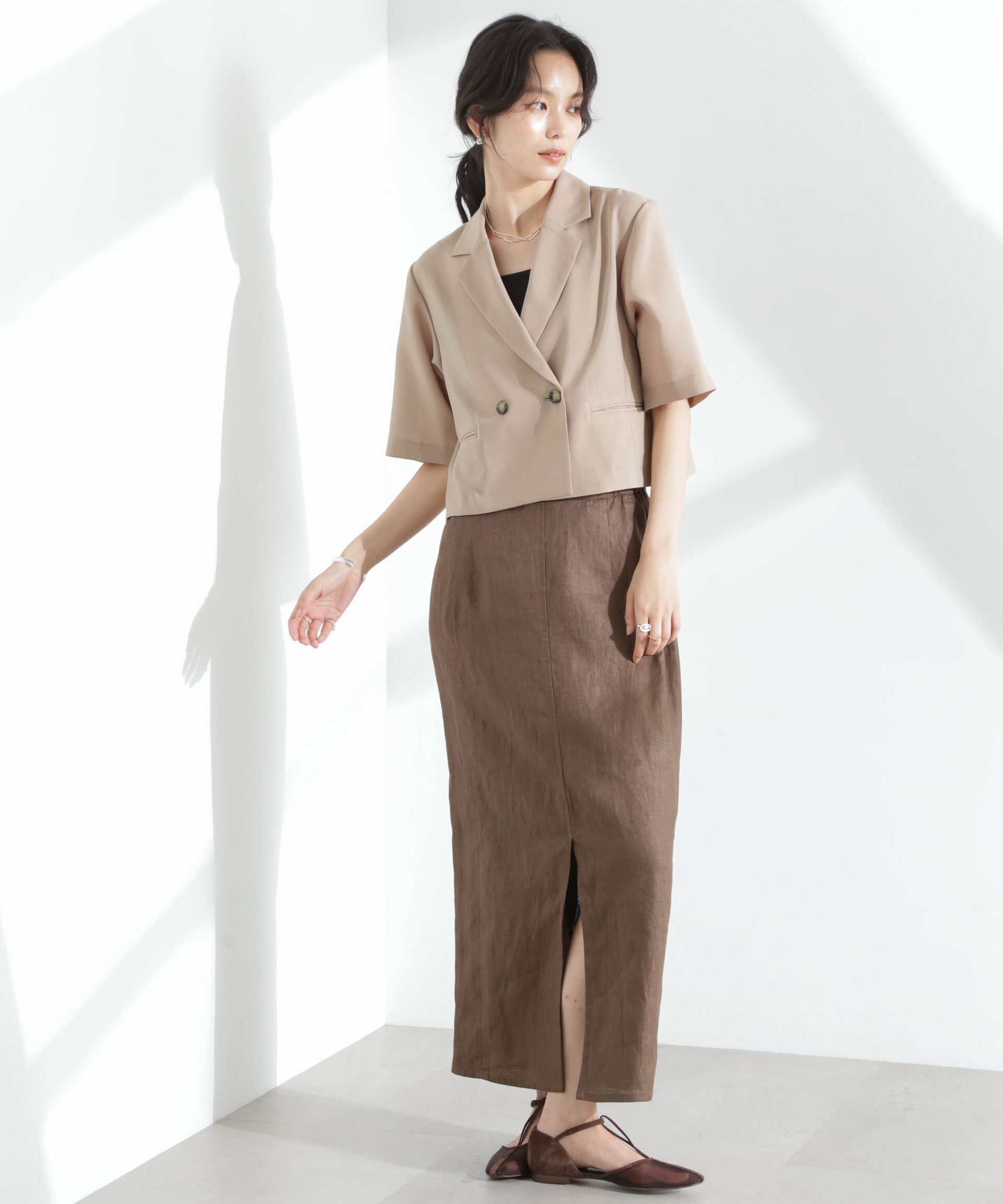 nano･universe「メランジドライ 半袖ショートダブルジャケット(セットアップ可)」|テーラードジャケット|