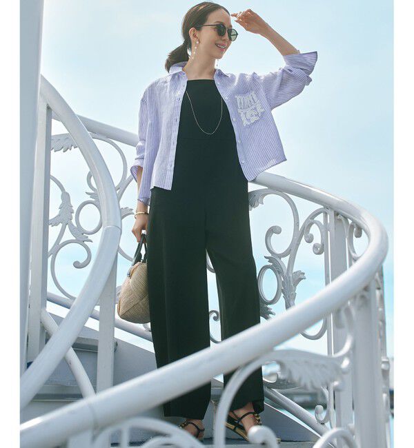 23区「【洗える】リネンレーヨンストレッチ スクエアネック オールインワン」|オールインワン|ブラック系