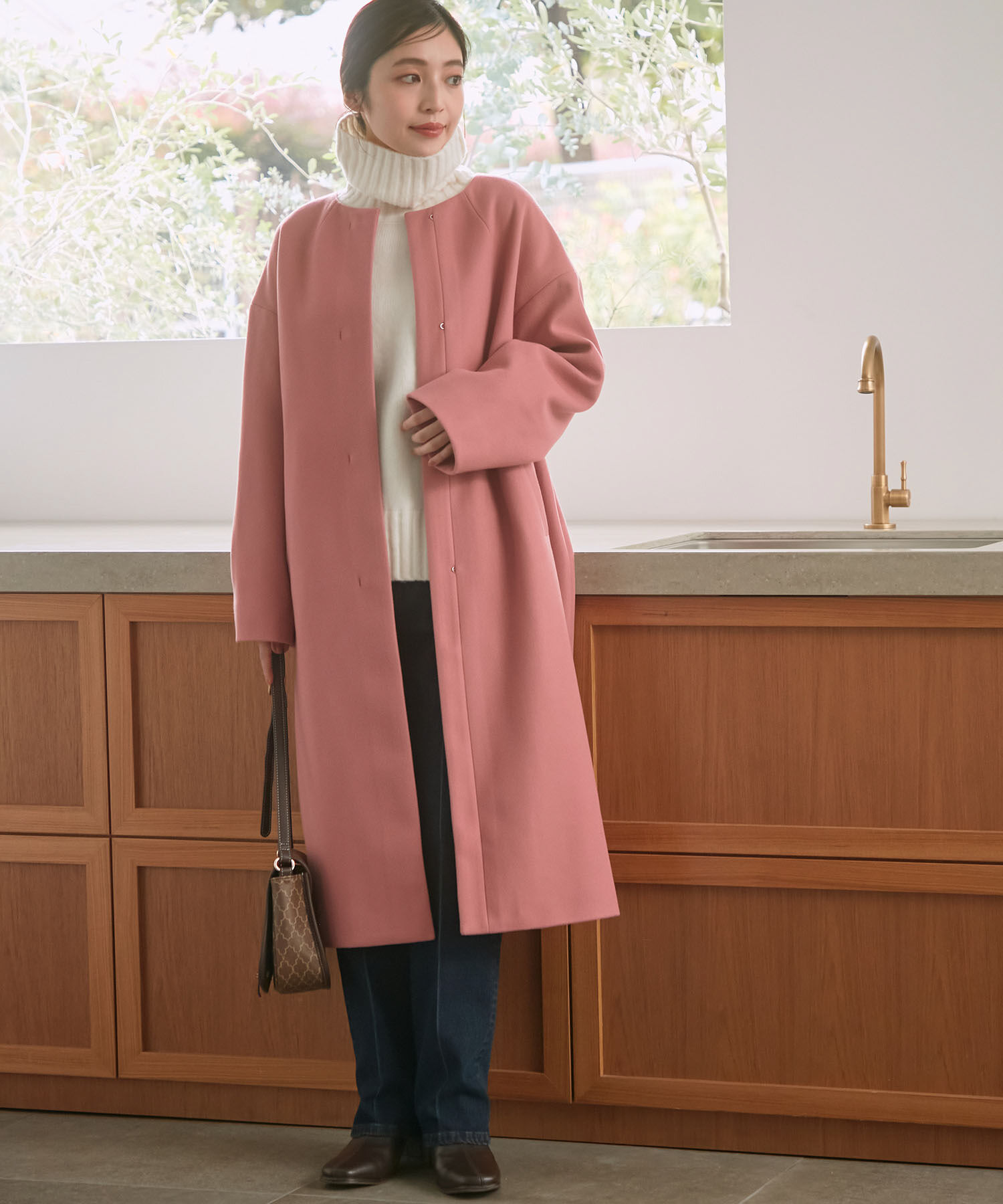 VIS「スッキリ見えフェイクウールノーカラーロングコート」|その他|