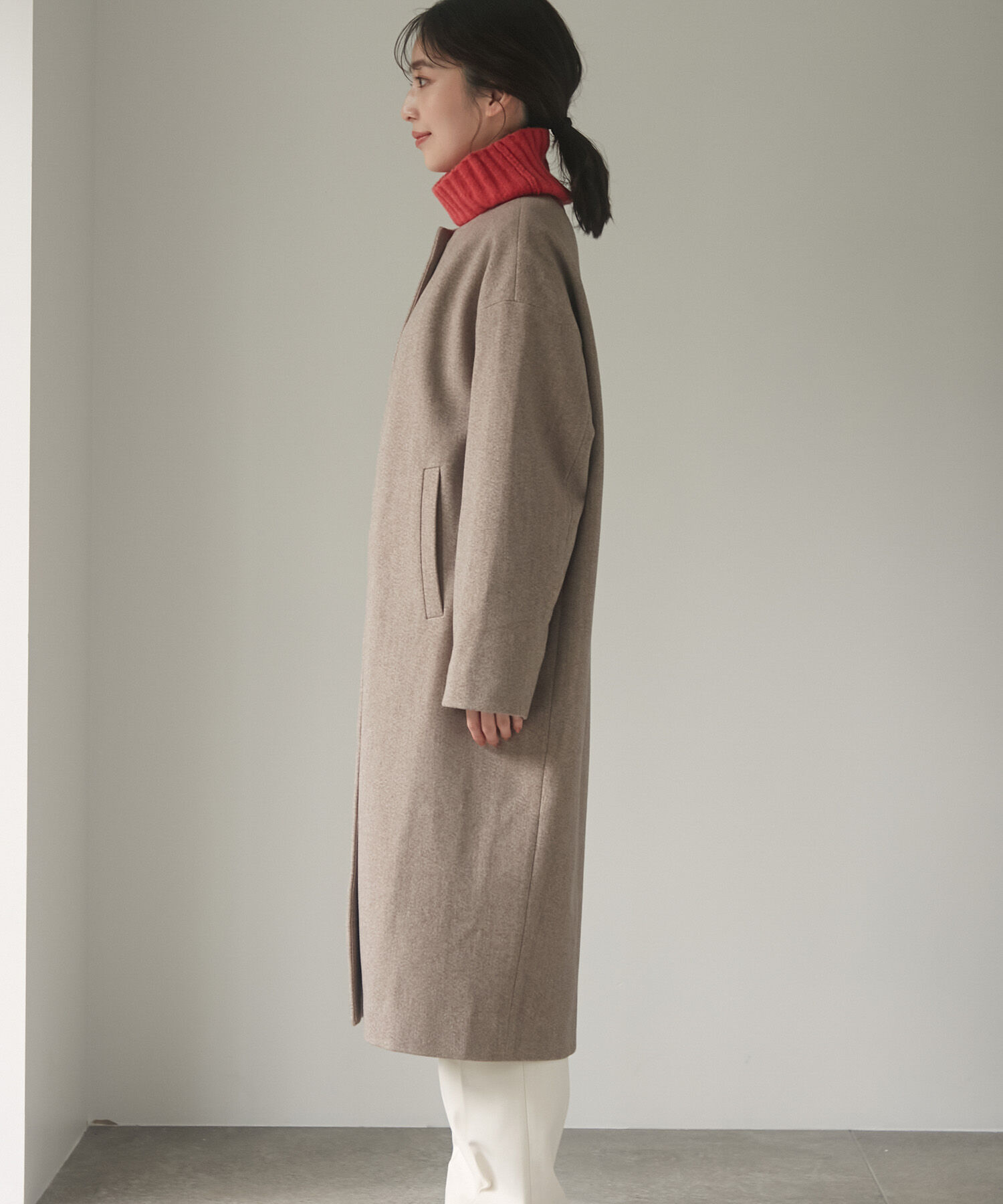VIS「スッキリ見えフェイクウールノーカラーロングコート」|その他|