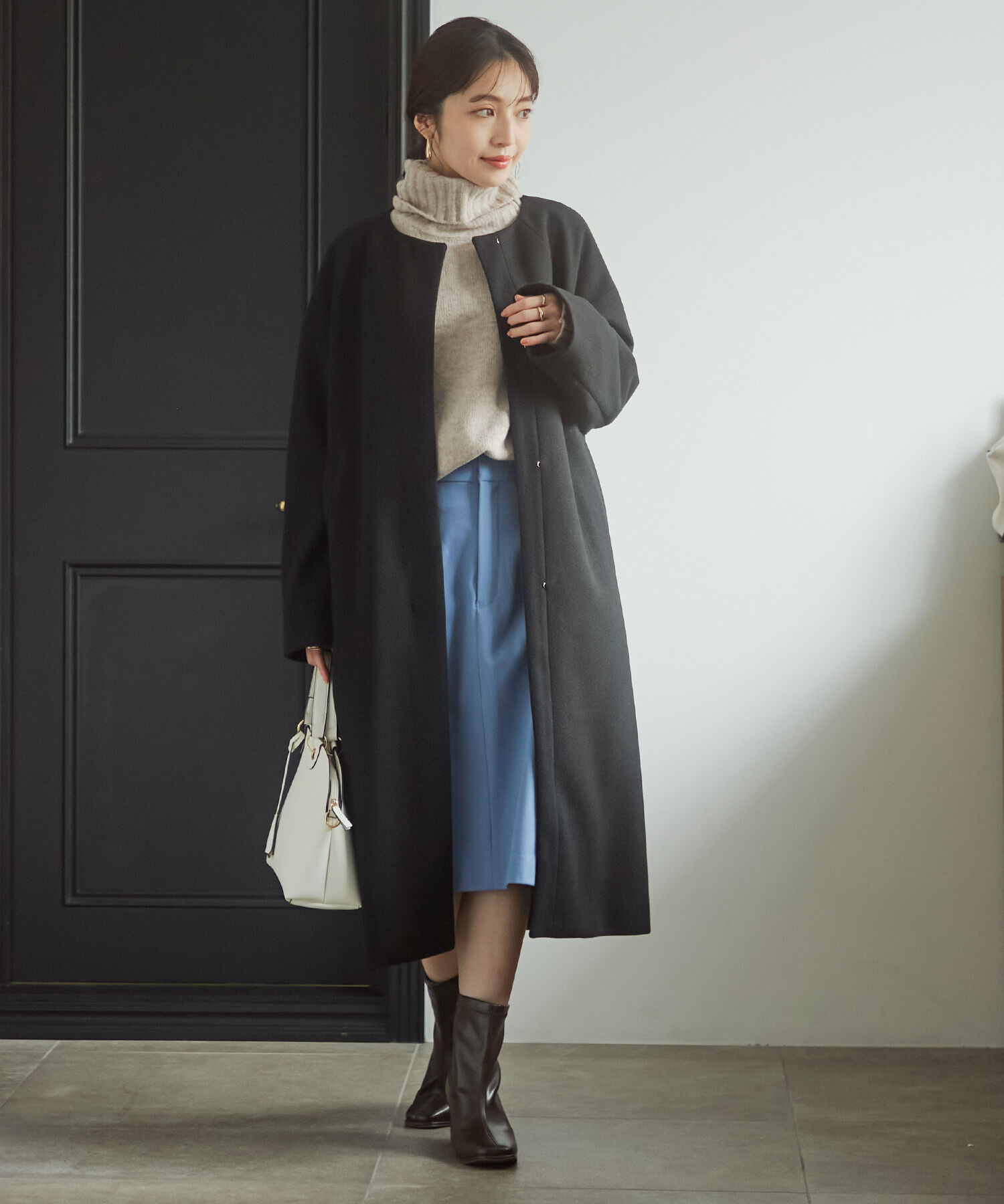 VIS「スッキリ見えフェイクウールノーカラーロングコート」|その他|