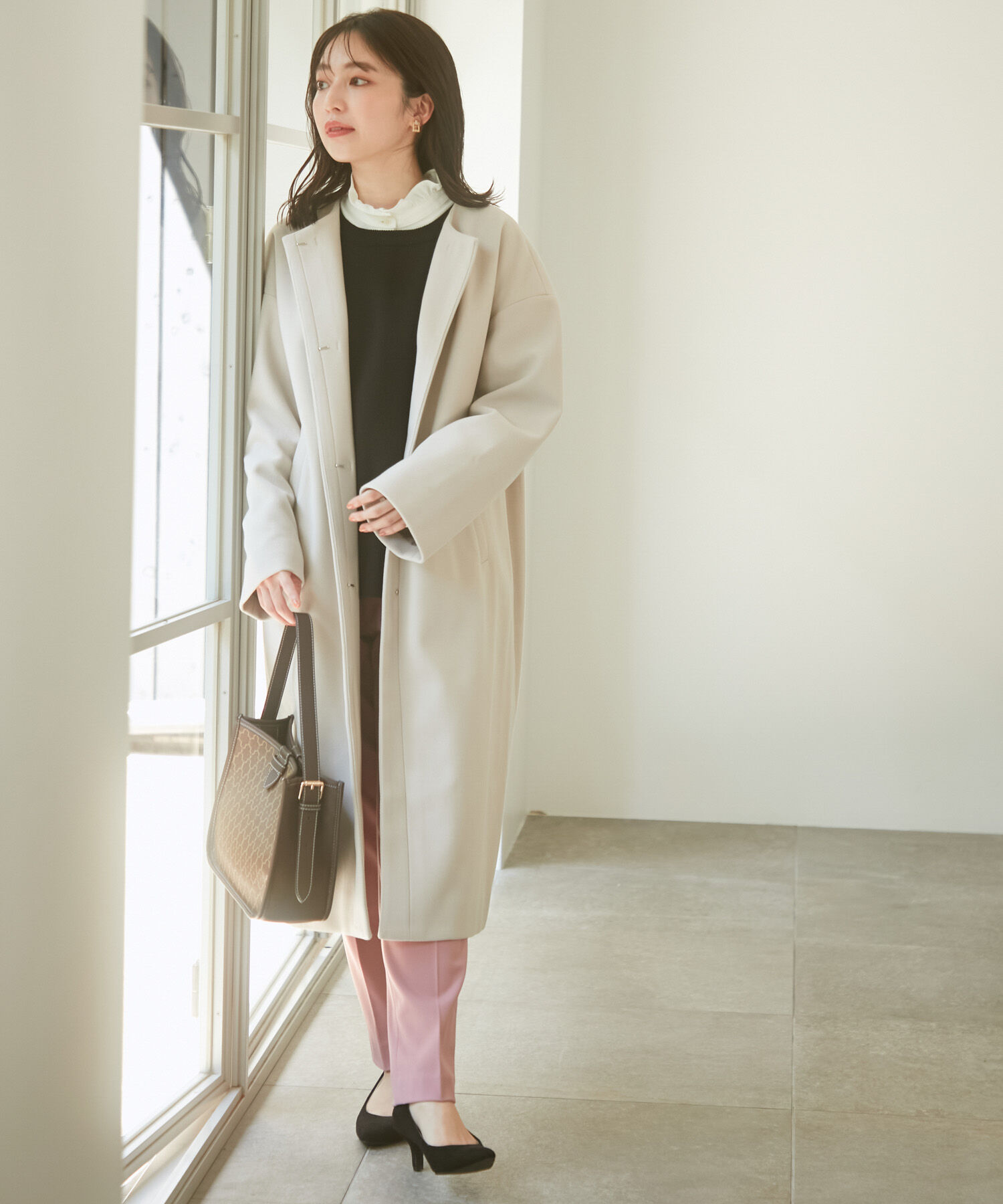 VIS「スッキリ見えフェイクウールノーカラーロングコート」|その他|