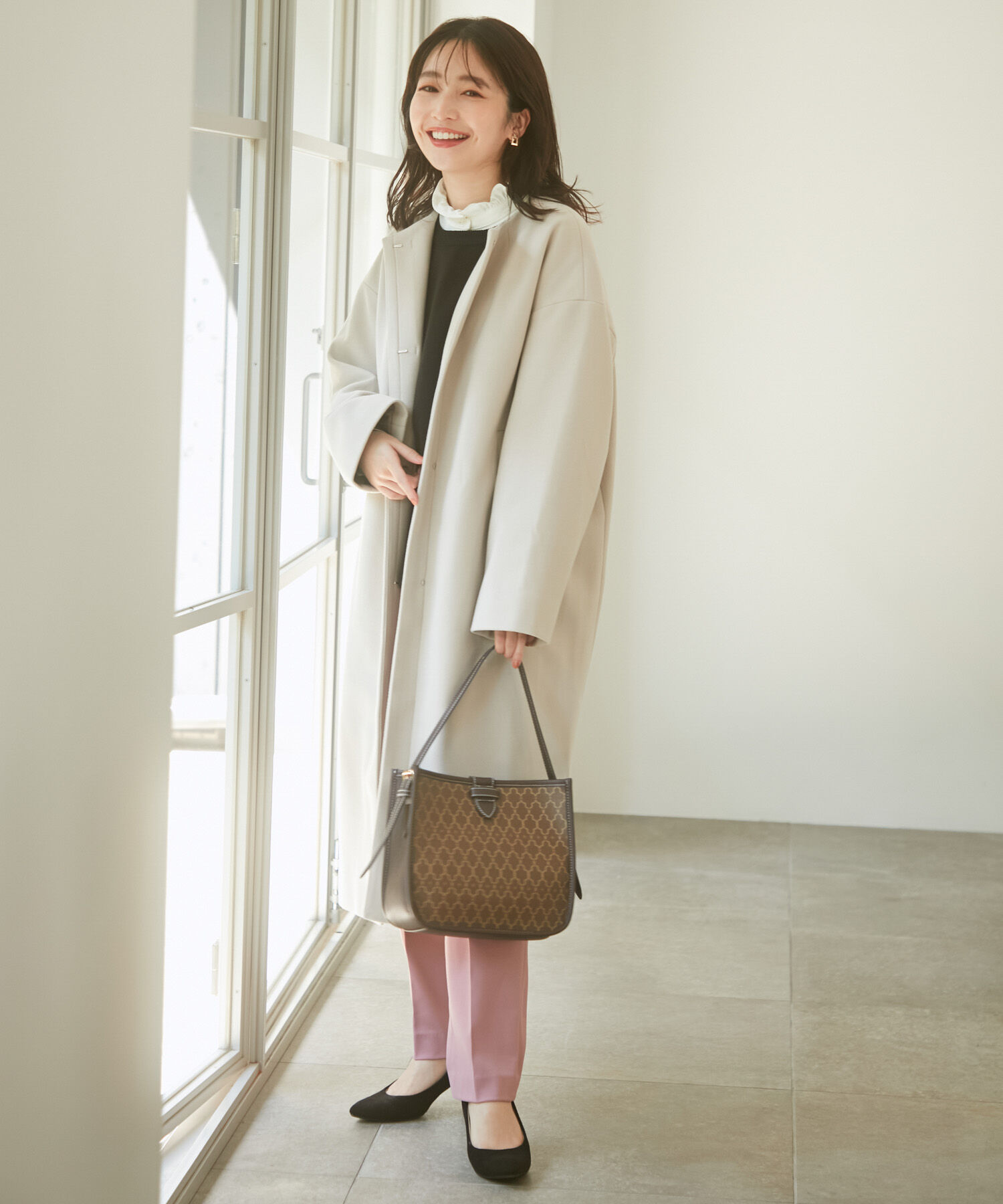 VIS「スッキリ見えフェイクウールノーカラーロングコート」|その他|