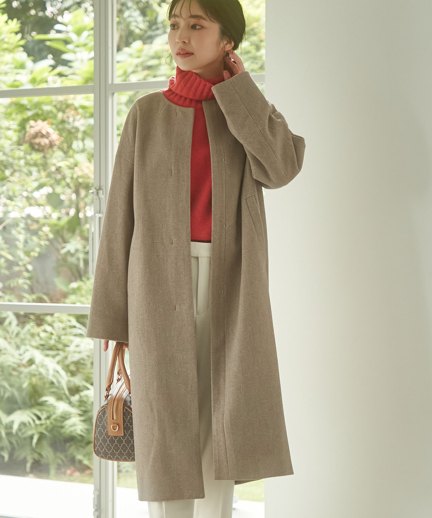 VIS「スッキリ見えフェイクウールノーカラーロングコート」|その他|