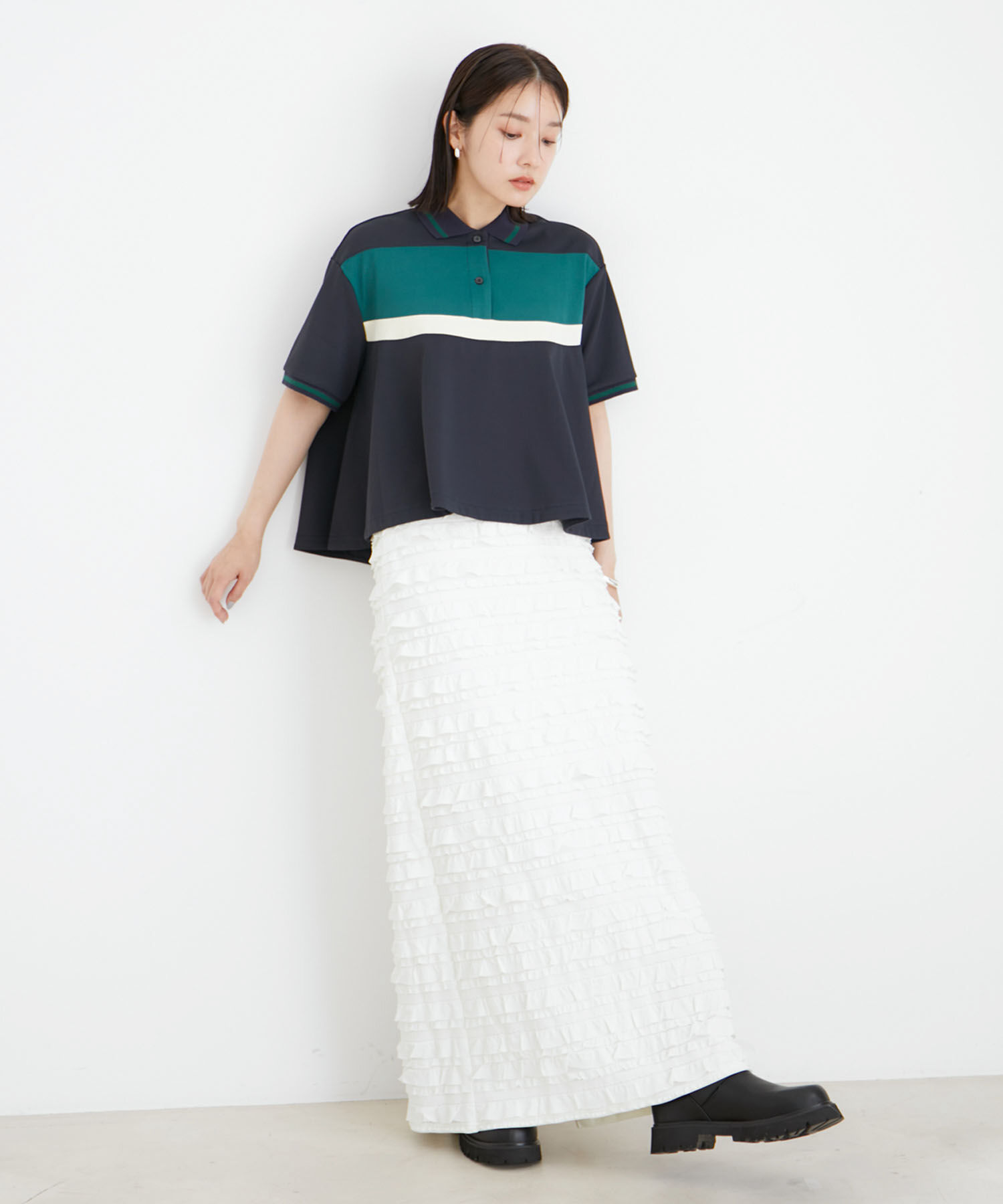 VIS「【洗える】裾フレアポロトップス」|ポロシャツ|
