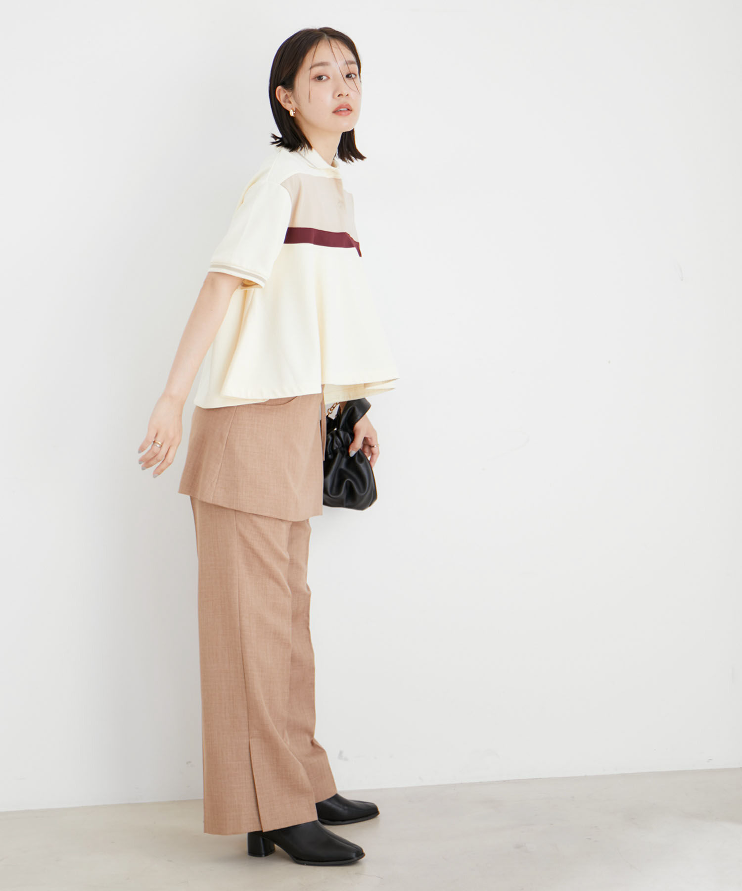 VIS「【洗える】裾フレアポロトップス」|ポロシャツ|