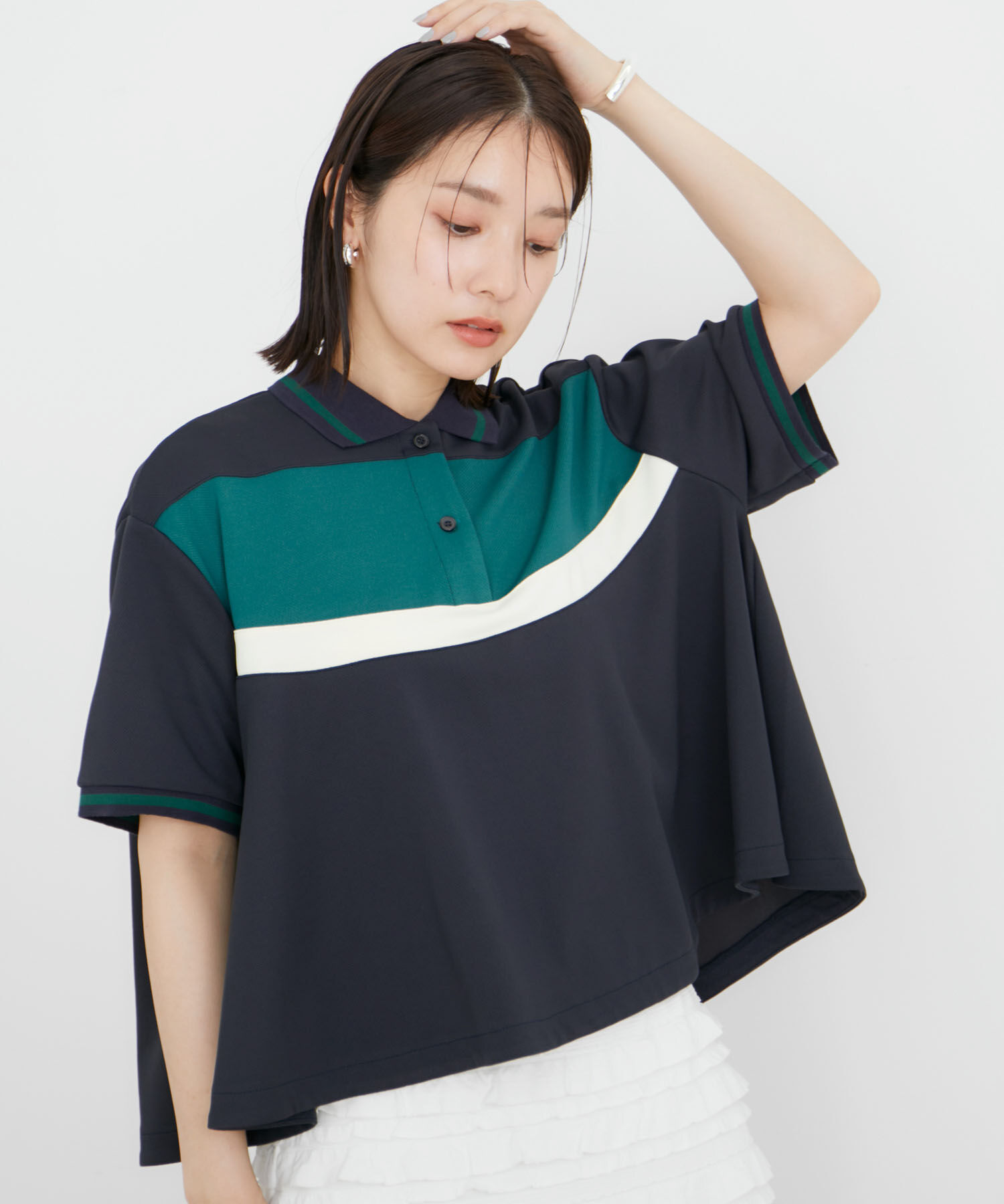 VIS「【洗える】裾フレアポロトップス」|ポロシャツ|