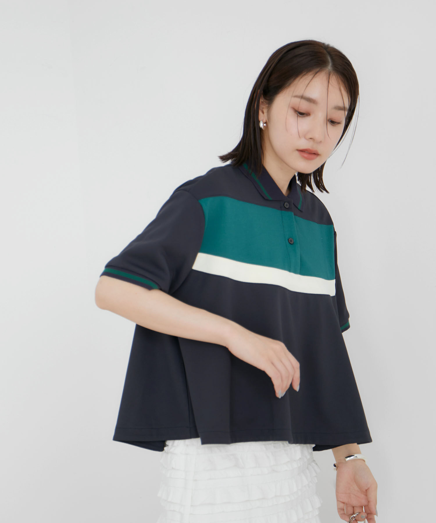 VIS「【洗える】裾フレアポロトップス」|ポロシャツ|ネイビー系(41)