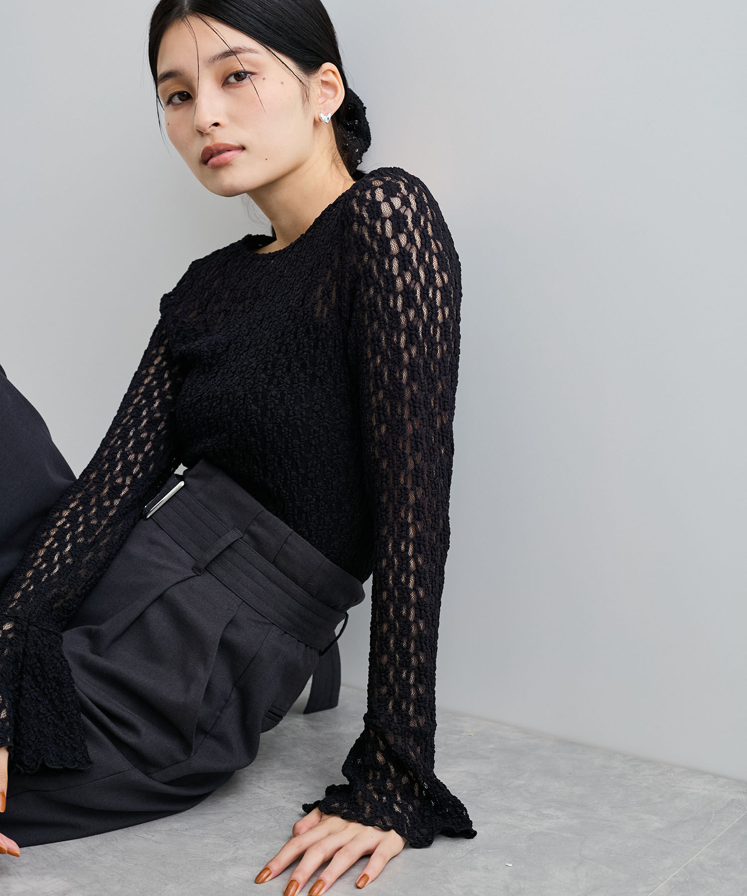 VIS「レースフレアースリーブトップス」|Tシャツ・カットソー|ブラック(01)