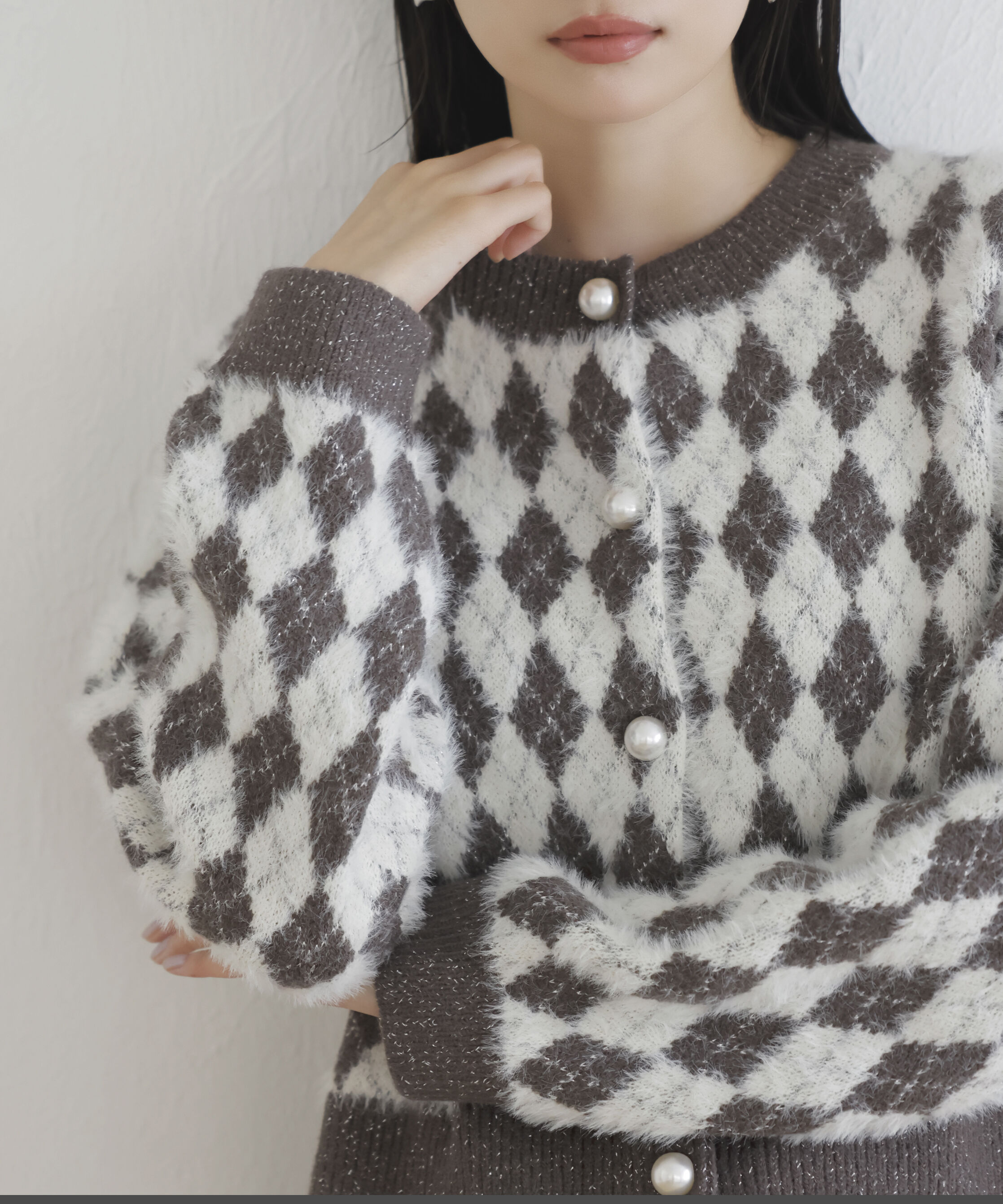 VIS「ミニアーガイル柄ビックパールボタンカーディガン」|カーディガン|