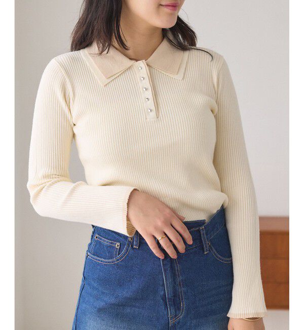 VIS「ダブルカラーポロニットトップス」|ニット・セーター|オフホワイト(15)