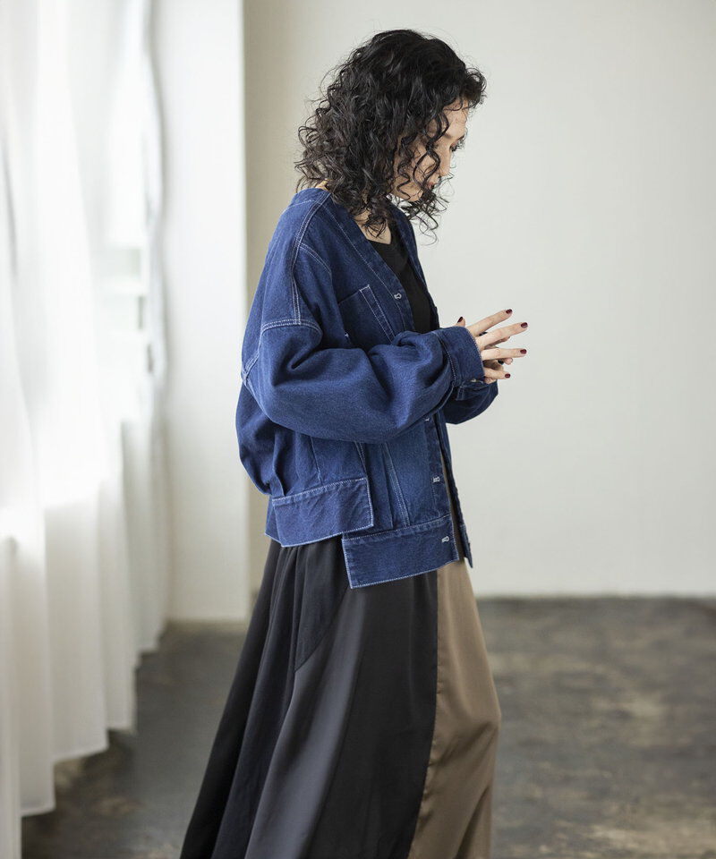  「ノーカラーデニムジャケット」|デニムジャケット|