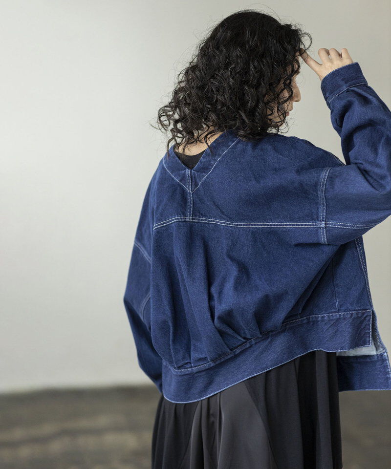  「ノーカラーデニムジャケット」|デニムジャケット|