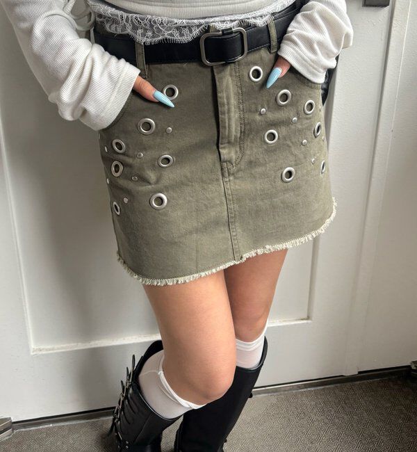  「硫化ツイルアイレットミニスカート」|スカート|カーキ