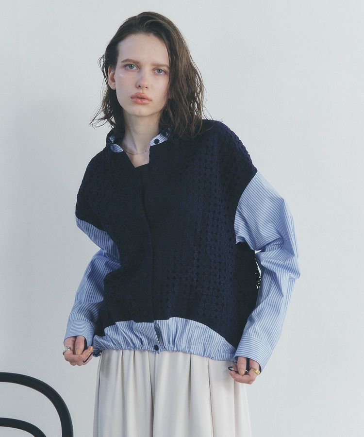 Editt by YECCA VECCA「レースMIXレイヤードデザインシャツ」|シャツ・ブラウス|ストライプブルー