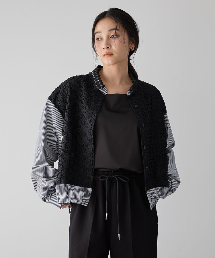 Editt by YECCA VECCA「レースMIXレイヤードデザインシャツ」|シャツ・ブラウス|ストライプブラック
