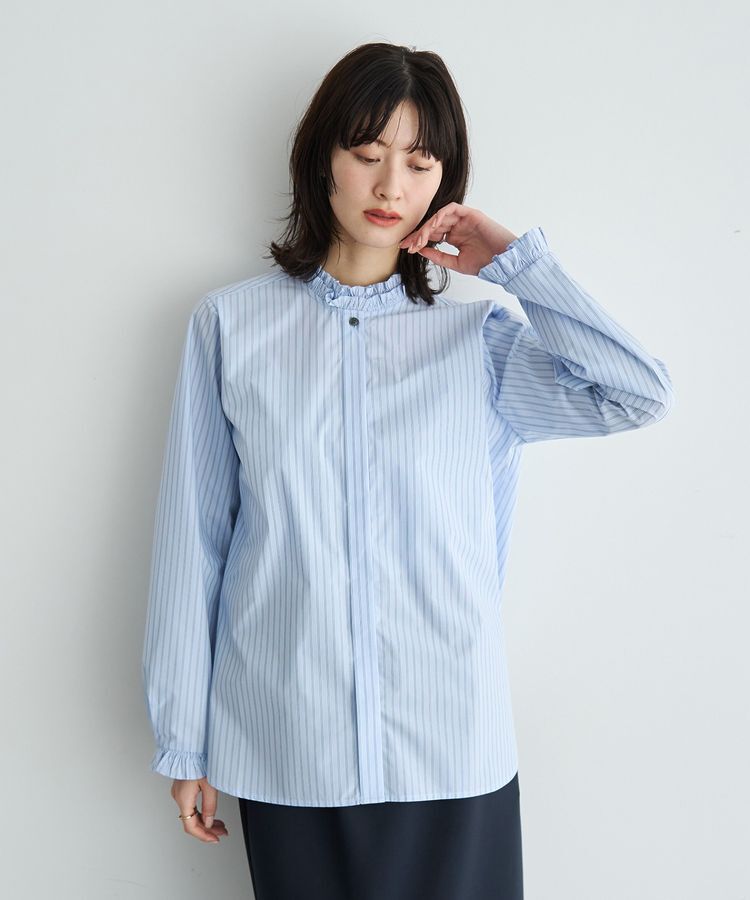YECCA VECCA「イージーケアフリルカラーシャツ」|シャツ・ブラウス|ストライプブルー