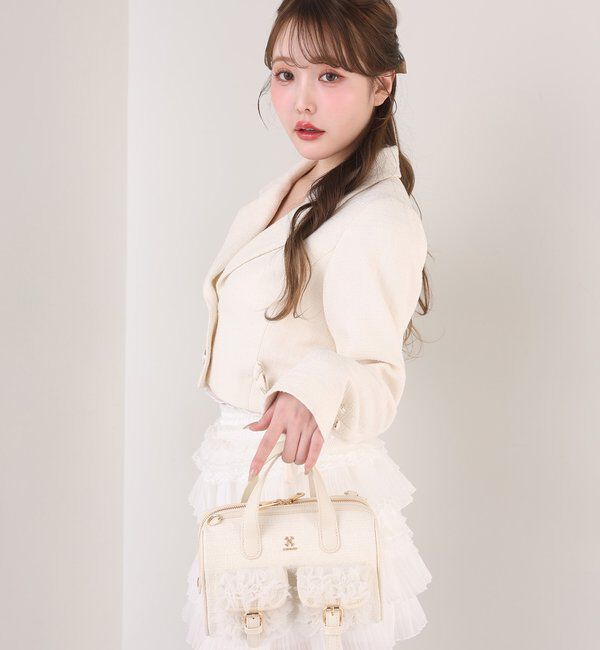  「【premiumorder】サイドベルトツイードショートジャケット」|ダウンベスト・ベスト|