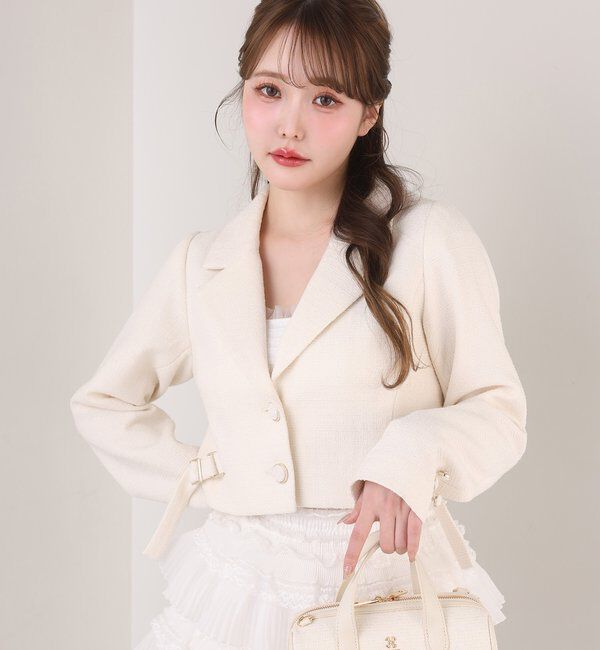  「【premiumorder】サイドベルトツイードショートジャケット」|ダウンベスト・ベスト|