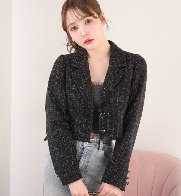  「【premiumorder】サイドベルトツイードショートジャケット」|ダウンベスト・ベスト|